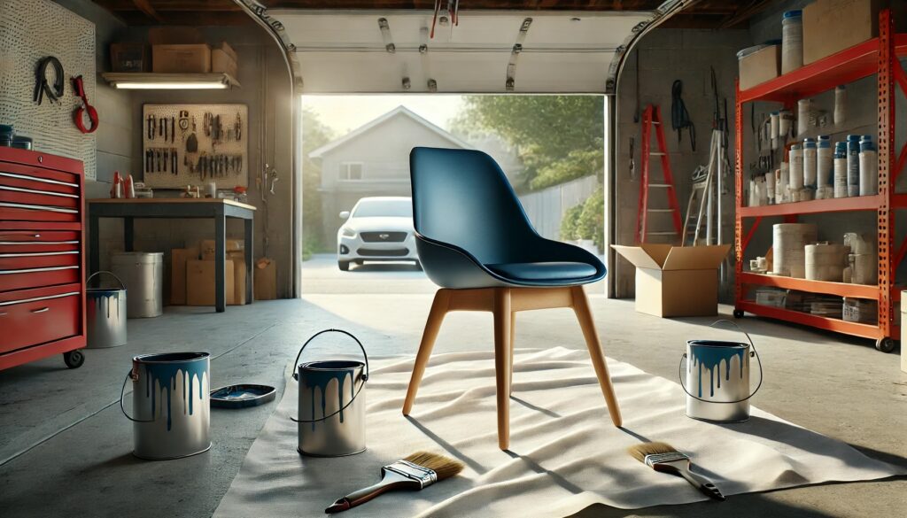 Pintar una silla moderna de azul en un garaje abierto: un toque de creatividad en el hogar